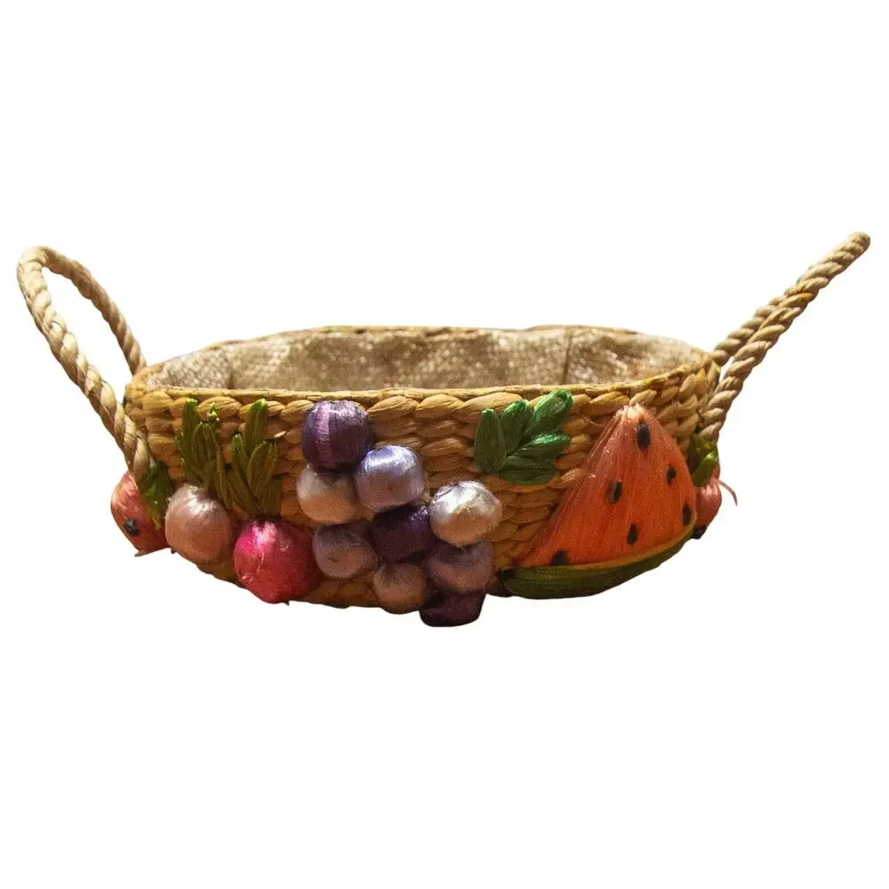 Boho Vintage 1970s Handwoven Raffia Basket 3D Fruit Appliqué Handles